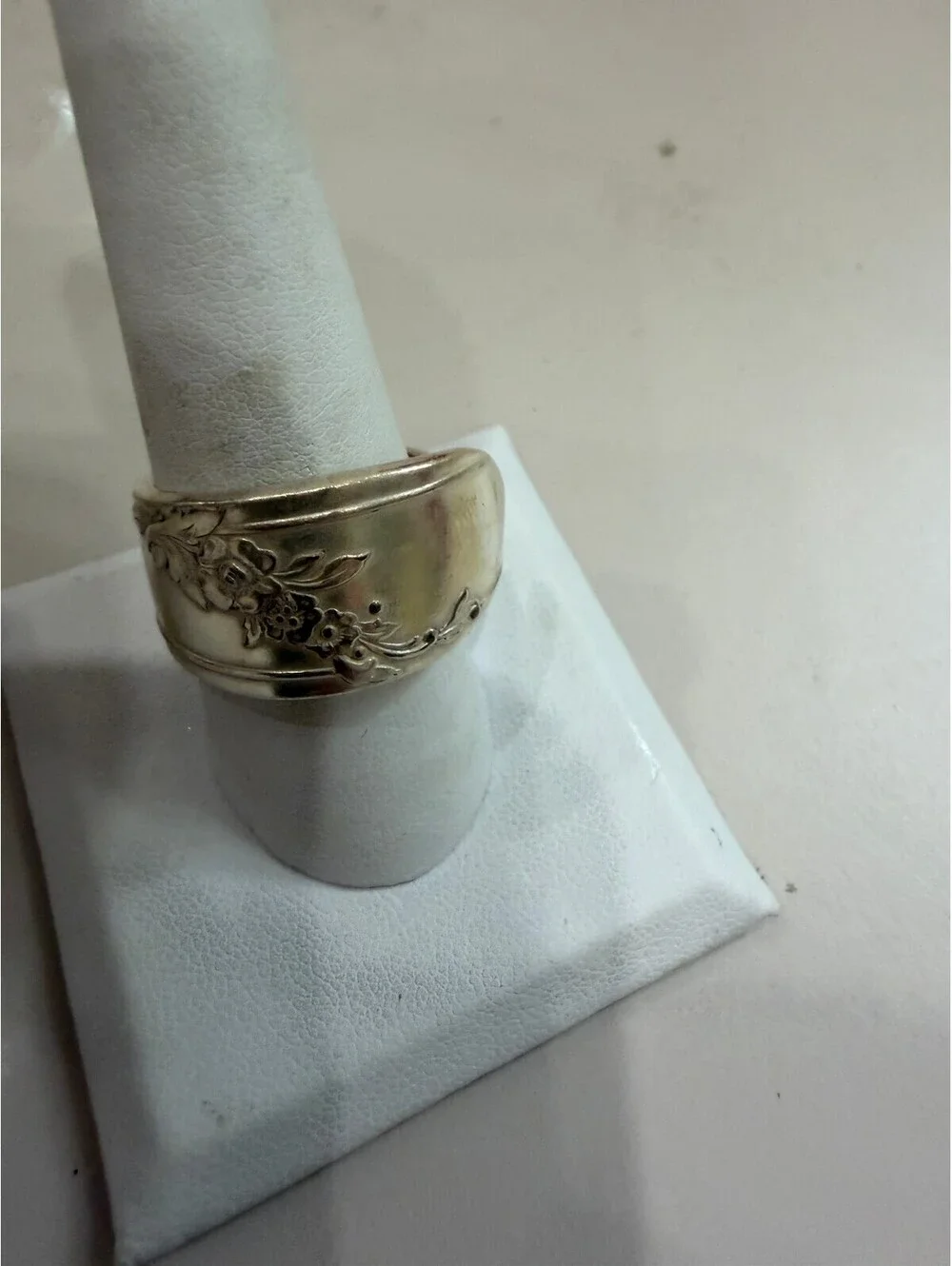 Vintage Silver Floral Spoon Ring Adjustable Band Size 9.5